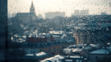 View of the city through the window on a rainy day, raindrops on glass.の素材