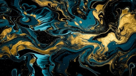 Abstract fluid dark blue art background. Acrylic painting on canvas with golden lines and gradient.の素材