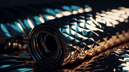 Abstract dark background with voluminous soft lines, glowing metallic lines.の素材