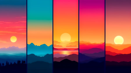 Collage of the sunset on the sea, shades of the sky at sunset.の素材