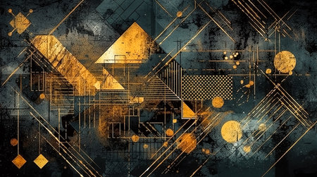 Abstract dark blue texture background with golden pattern, shabby surface.の素材