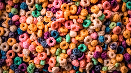 Multicolor cereal rings as food background. Colorful breakfast food.の素材