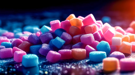A slide of colorful sugar cubes on a dark background.の素材