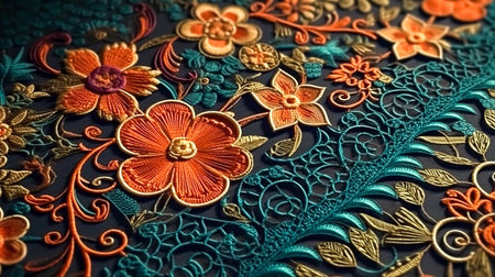 Texture background with orange macrame flowers, hand knitted.の素材