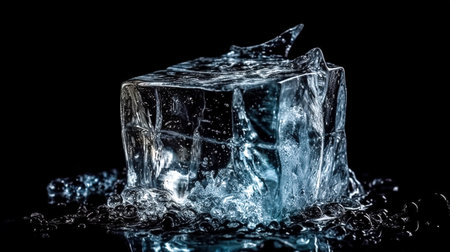 Crystal ice cubes reflection on black background. Close up natural ice block on dark surface.の素材