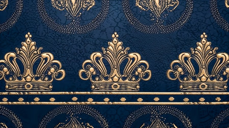 Pattern of golden crowns on a blue background, design for fabric or print.の素材