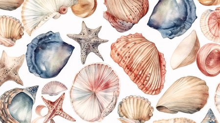 Diverse seashells on a white background, flat lay illustration, nautical concept.の素材