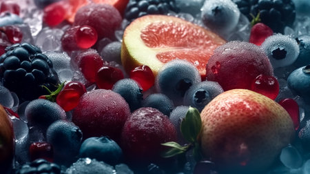 Fresh-frozen forest berries close-up, berries covered with a frosty crust.の素材