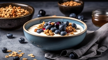 A bowl of muesli with oats and blueberries, for breakfast, top view.の素材