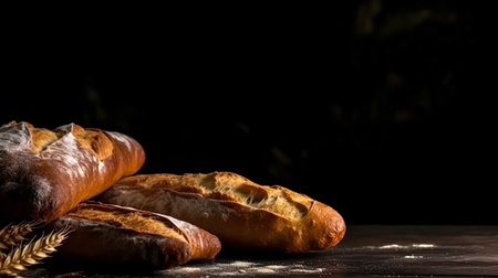 Freshly baked loaves of bread on a black background, copy space.の素材