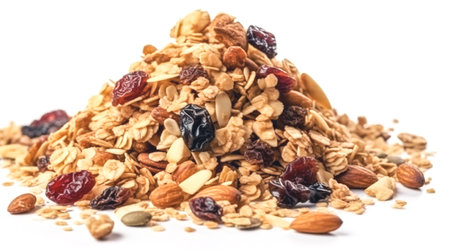 Delicious granola, nuts and dried fruits falling into pile on white background. Healthy snack.の素材