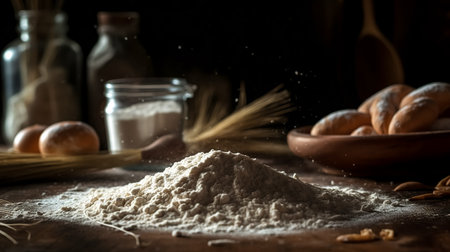 Dough on the kitchen table close-up, the process of making dough for baking.の素材