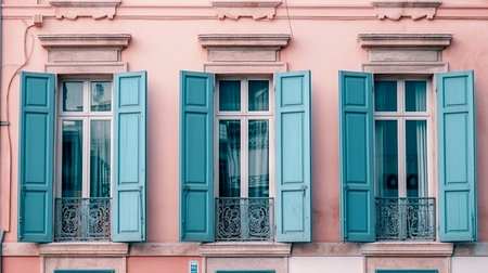 Facade of a pink building with blue elements, an old architectural building.の素材