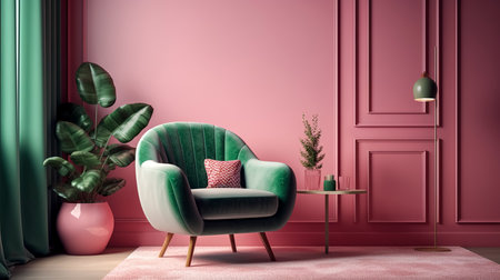 Part of the interior with an armchair, a table, a flowerpot and a lamp in pink and green.の素材