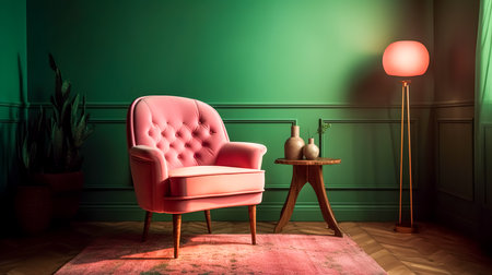 Part of the interior with an armchair, a table, a flowerpot and a lamp in pink and green.の素材