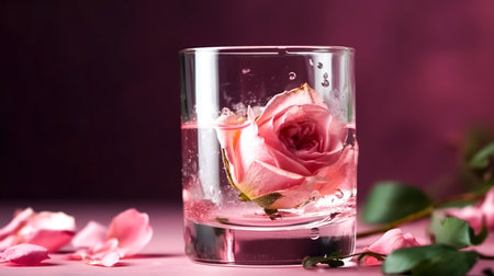 A glass of water and pink roses on a blurred background, essential oil.の素材