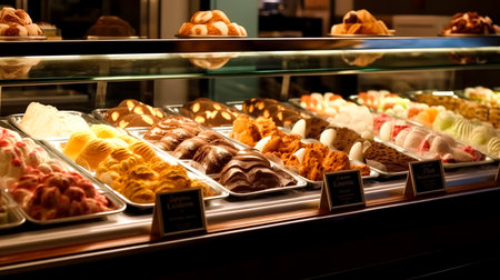 Ice cream in showcase fridge at confectionery shop.の素材