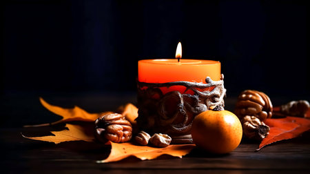Orange burning candle and details of autumn decor on a black background.の素材