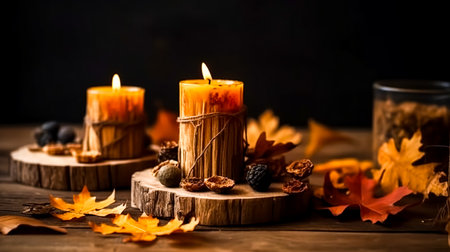 Burning candle decorated with autumn leaves and decorative details on a black background.の素材
