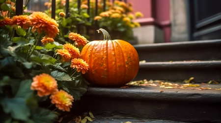 Flowers and pumpkins on the porch of the house, autumn decor.の素材