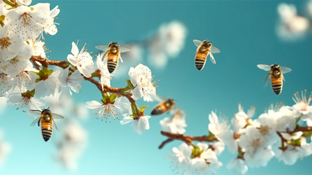 Flowering branches of spring trees and bees pollinating them.の素材