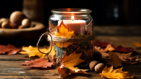 Burning candle decorated with autumn leaves and decorative details on a black background.の素材