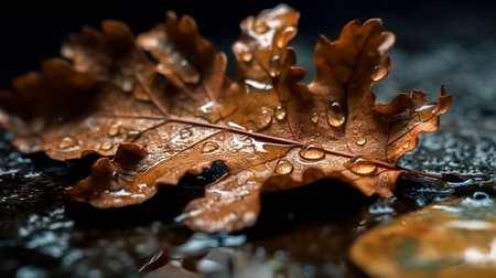 Wet fallen oak leaf on the ground, close up.の素材