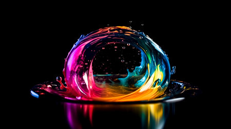 Splash of colored water in a circle. Round shape of water on a dark background.の素材