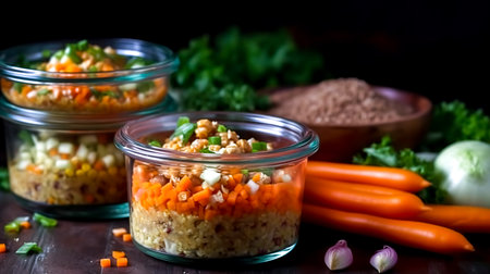 Glass boxes with food preparations, preparing healthy meals for the week.の素材