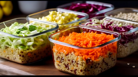 Glass boxes with food preparations, preparing healthy meals for the week.の素材