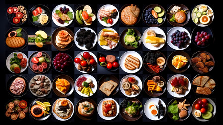 Set of plates of food isolated on a black background, top view.の素材