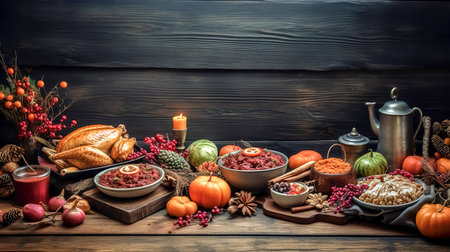 Turkey and other dishes on wooden background, Thanksgiving concept, copy space.の素材
