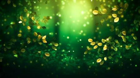 Abstract blurred green background with leaves and space for text.の素材