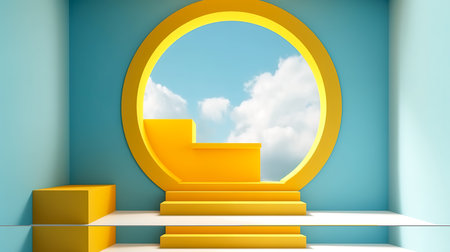 A creative illustration with a room interior in yellow and blue colors with a round window overlooking the sky,の素材