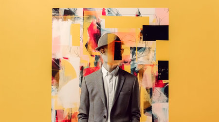 Creative abstract yellow poster with a gentleman in a jacket and hat without a face.の素材