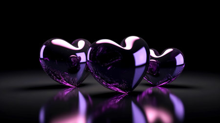Three figurines of glass purple hearts on a dark background.の素材