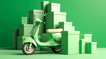 Green scooter and cardboard boxes on green background, delivery concept.の素材