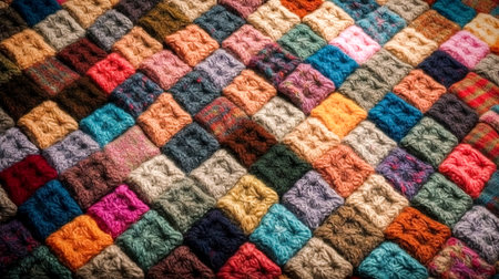 Textural background with hand or machine knitting, multicolored knitted pieces.の素材