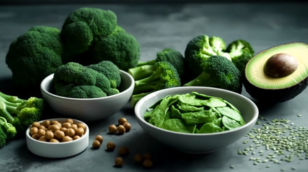 Green vegetables and beans close-up, broccoli, avocado and spinach on the kitchen table.の素材