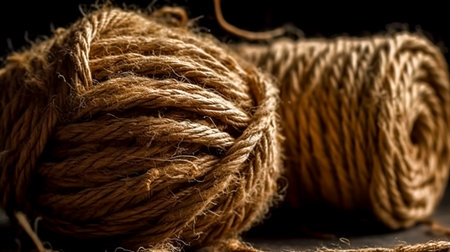 Spools of thread with burlap on a dark background close-up.の素材