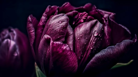 Water drops on purple tulip petals on a dark background.の素材