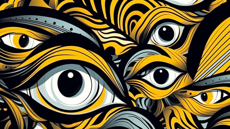 Abstract gray and yellow background made of painted eyes.の素材