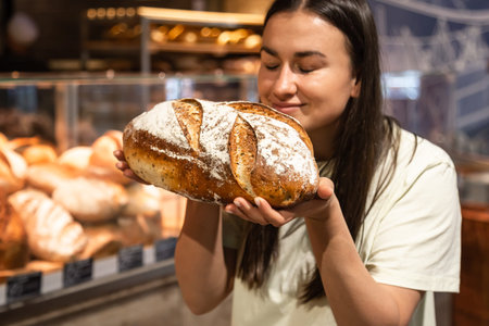 Loaf of bread in female hands in a supermarket.
