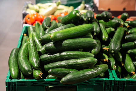 Fresh cucumber in box sale green grocery food store.の写真素材