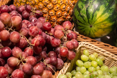 Baskets with exotic fruits on a supermarket showcase.の写真素材