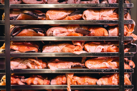 Racks of salmon smoking in a small smoker.の写真素材