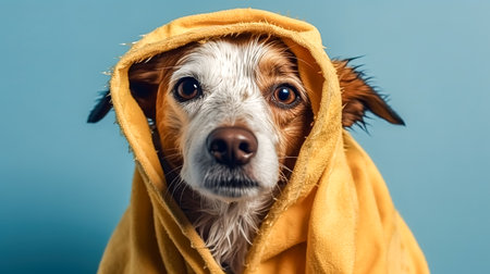 Wet dog wrapped in a yellow towel after bathing on a blue background.の素材