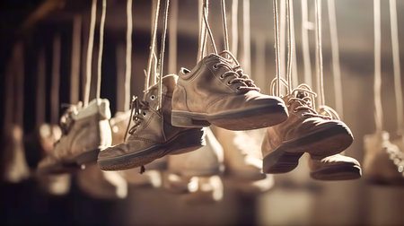 Old shoes hang on laces on a blurred background.の素材