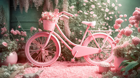 An old pink bicycle in the garden among the flowers.の素材