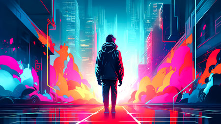 A man on an abstract multi-colored background of the city, a view from the back.の素材